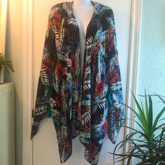 Tropical Leaf Print Kimono Coverup - Picture 2 of 12